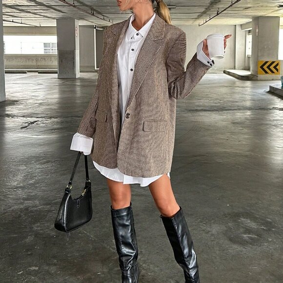 Brown Elegant Women's Lapel Collar Houndstooth Suit Jacket - Picture 4 of 5